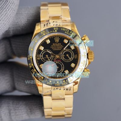 Clone Rolex Daytona Yellow Gold Watch Black Diamond Dial Black Ceramic Bezel